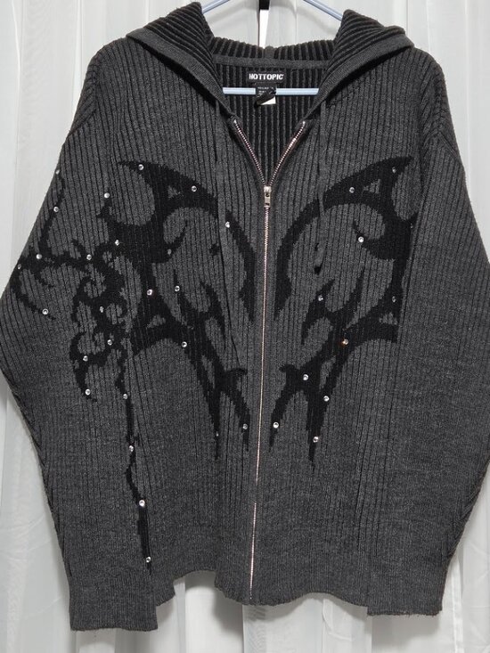 Hot Topic Tops - Hot Topic Grey Rhinestone Cyber Y2K Ribbed Knit Zip-Up Hoodie Large